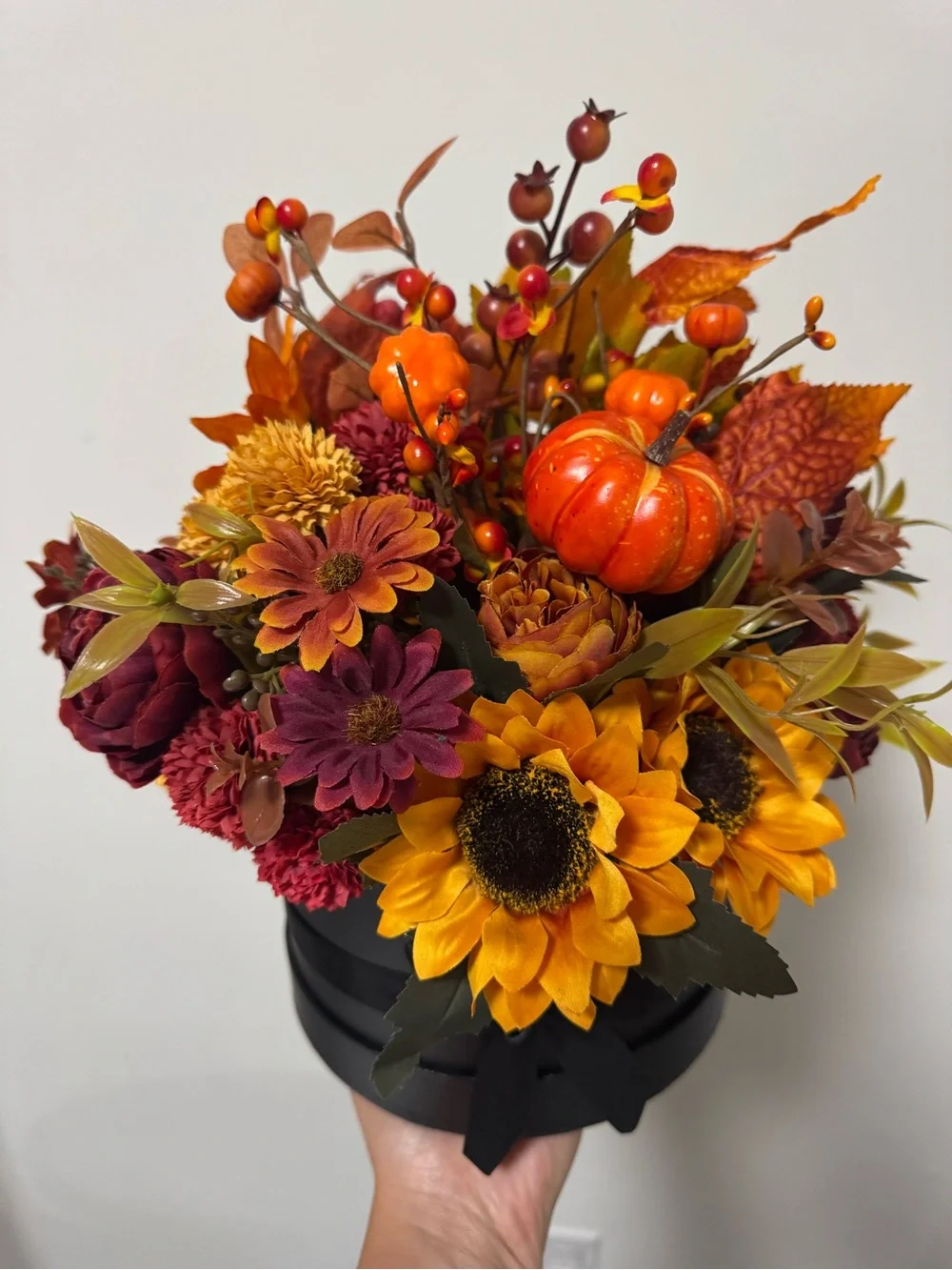 Autumn Harvest Sunflower & Pumpkin Floral Arrangement - Orange
